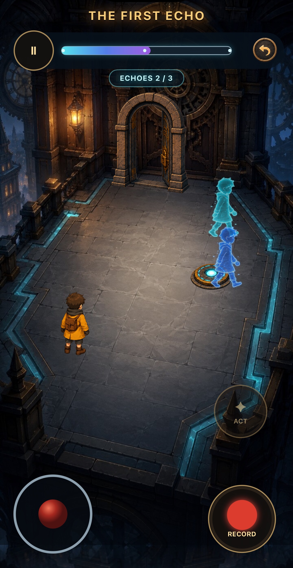 The First Echo: an echo standing on the lit pressure plate, holding the door open