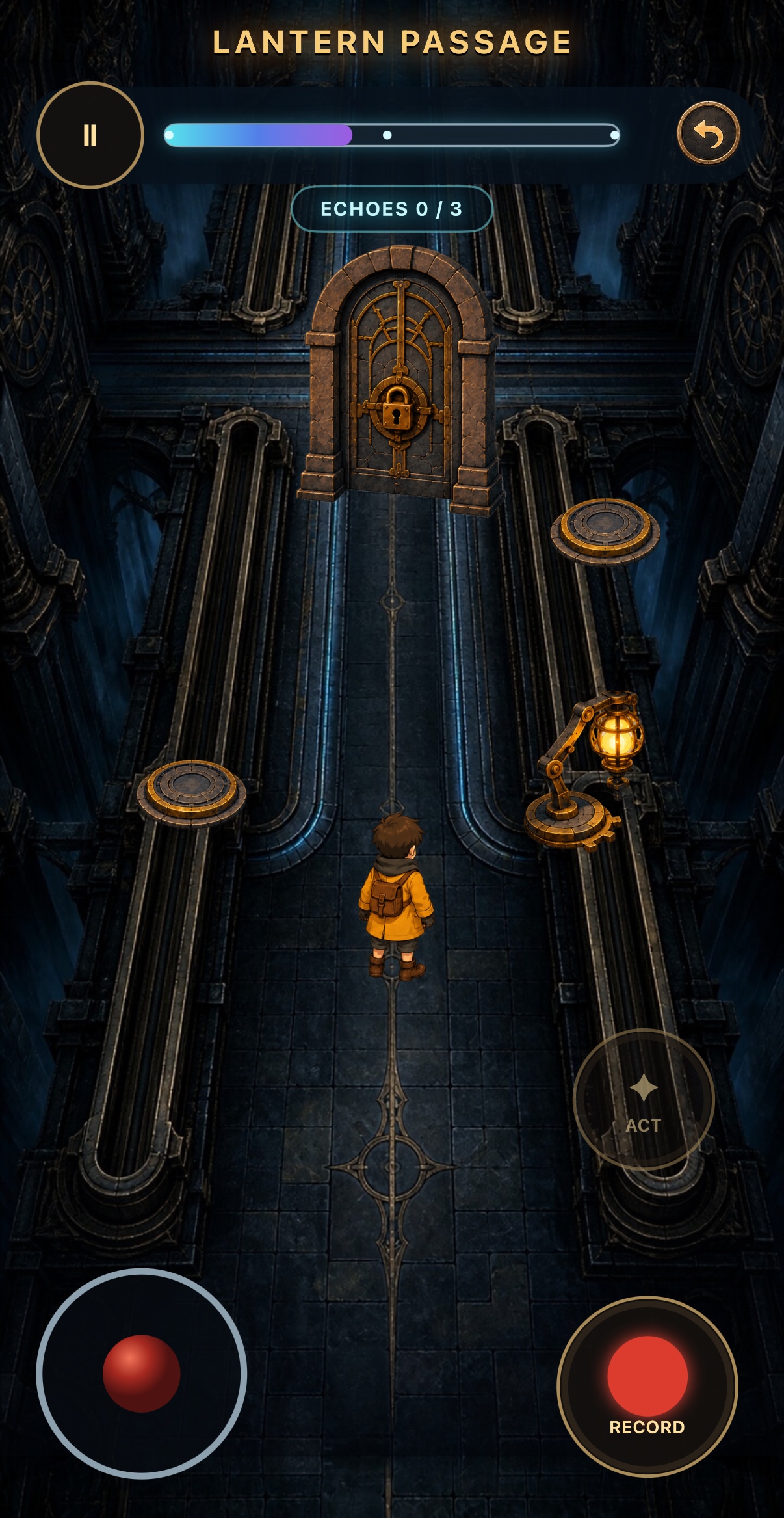 Lantern Passage: a dark chamber lit by a hanging lantern