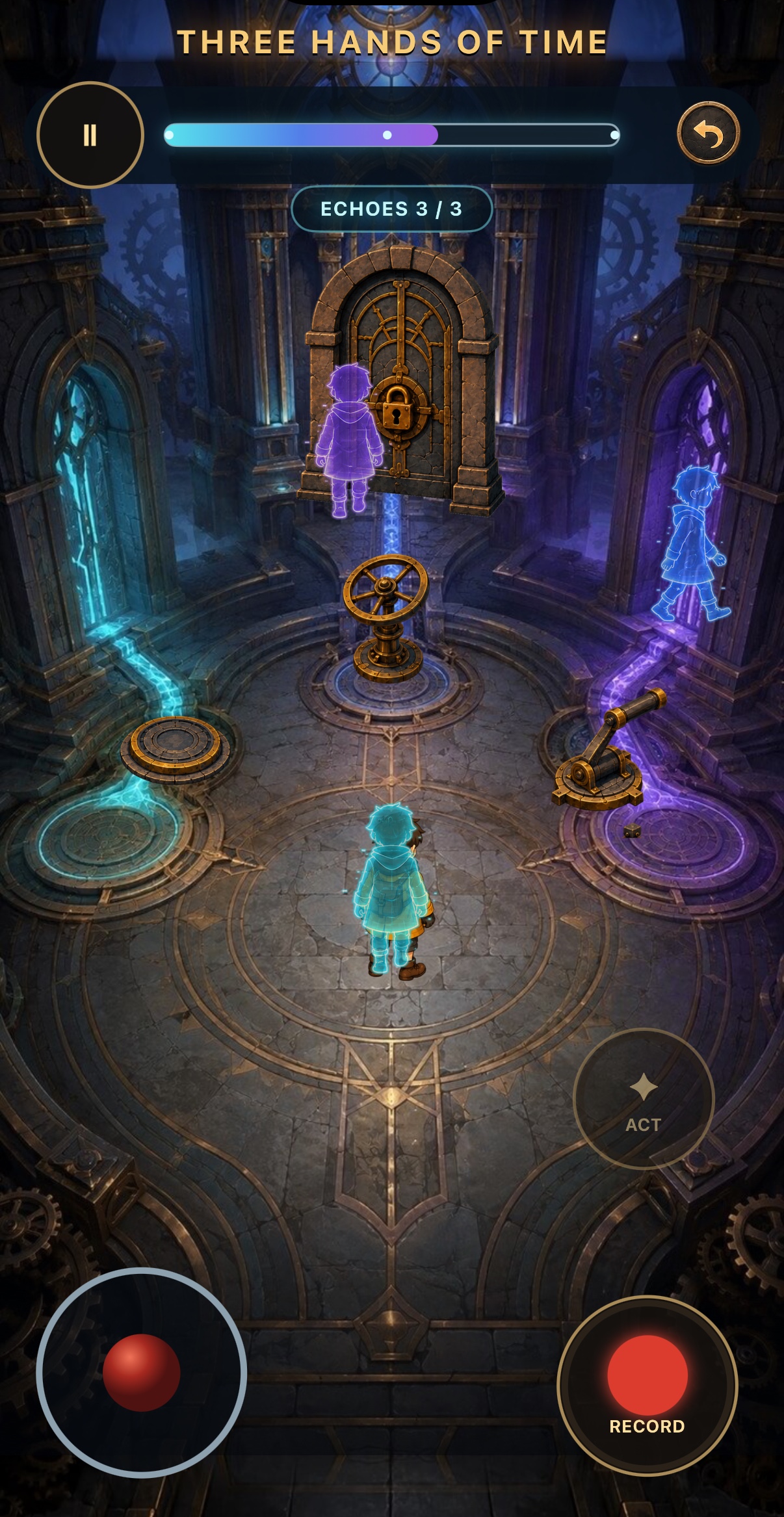 Three Hands of Time: three echoes spread across the chamber, one on each mechanism, counter reading three of three